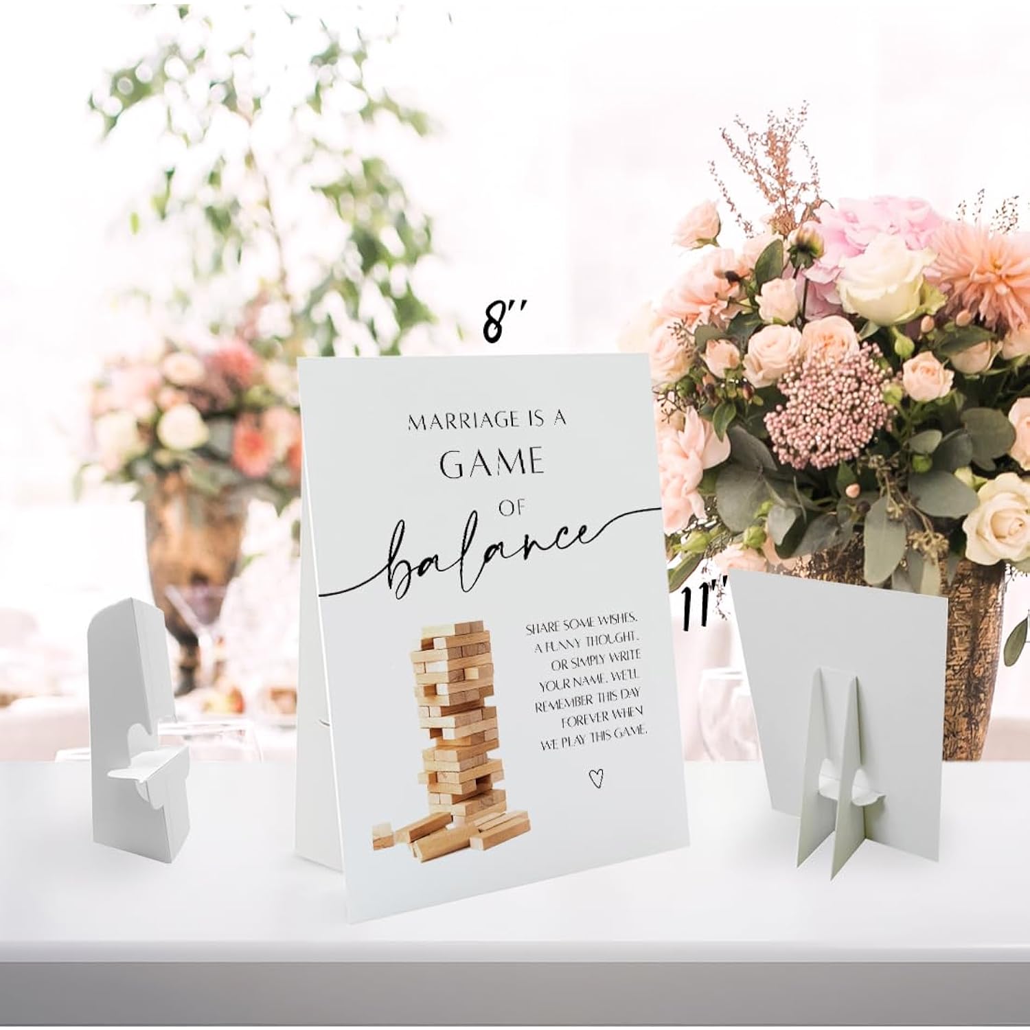 Marriage Is A Game Of Balance (8 X 11 Inch Table Sign With Holder), Tumbling Tower Game Sign For Wedding Bridal Shower, Minimalist Wedding Decoration-Weeds04