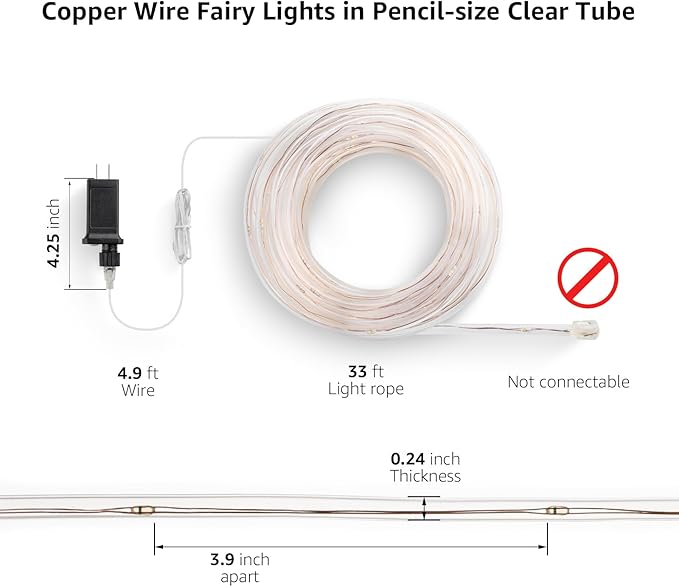 33FT Plug In Pencil Size Cool White Rope Lights 100 LED Thin Tube Lights for Railing Fence Balcony