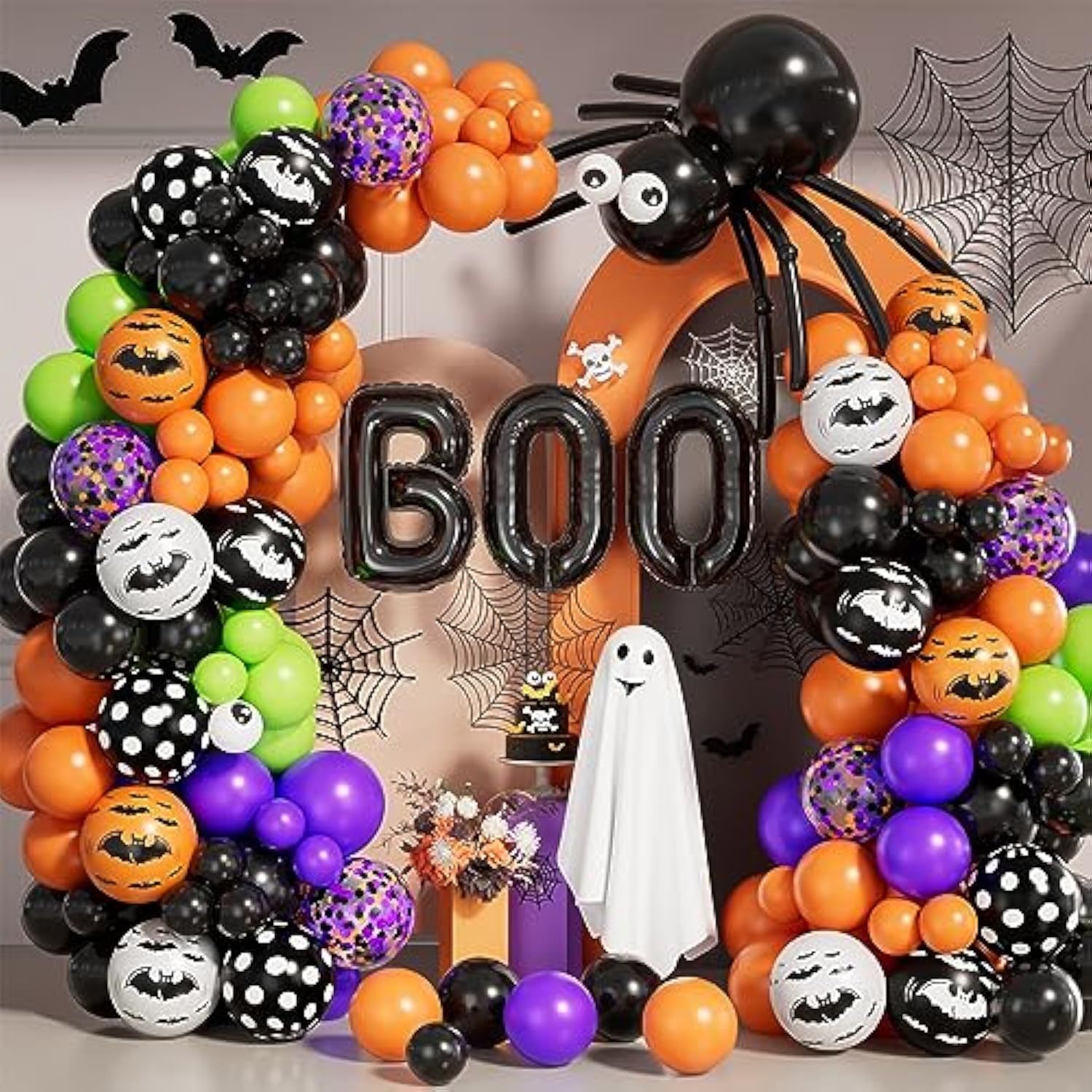Halloween Balloon Arch Kit – Black Orange Purple Green with Spider & BOO Balloons