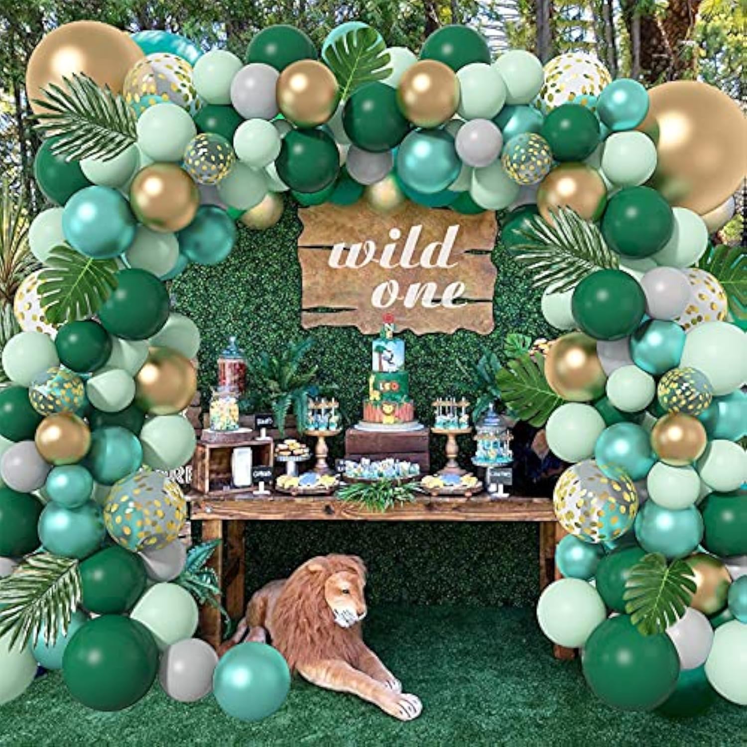 139PCS Jungle Safari Balloon Arch Kit with Gold, Green & Palm Leaves for Parties