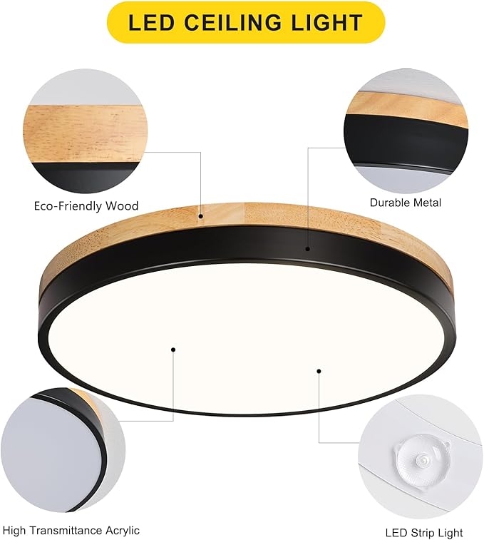 11.81 Inch Wood Black LED Ceiling Light Low Profile Flush Mount Fixture