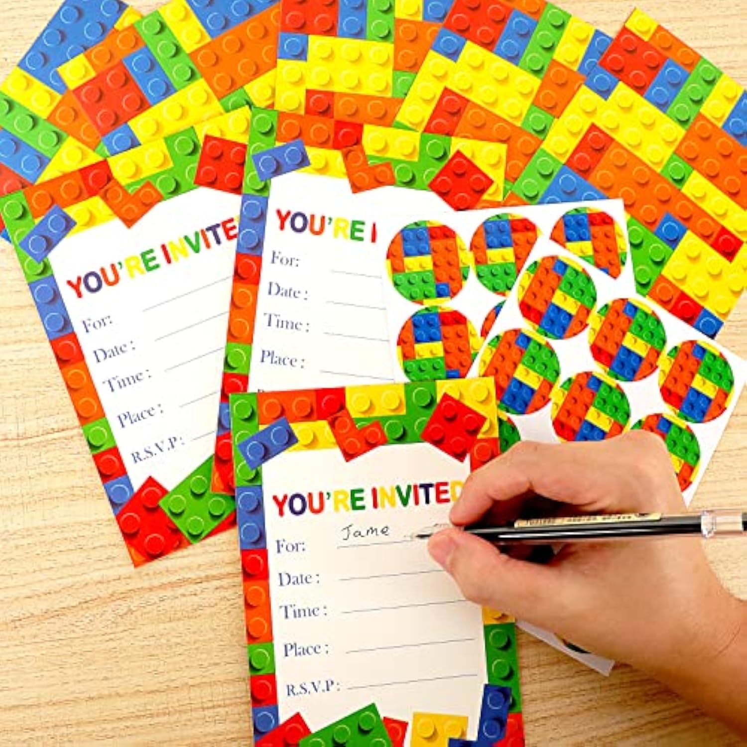 Children Boys Birthday Party Invitations Building Blocks Party Supplies, Stacking Block Bricks Invitation Cards Set With Sticker Labels Envelopes Birthday Decorations For 24 Guests