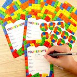 Children Boys Birthday Party Invitations Building Blocks Party Supplies, Stacking Block Bricks Invitation Cards Set With Sticker Labels Envelopes Birthday Decorations For 24 Guests