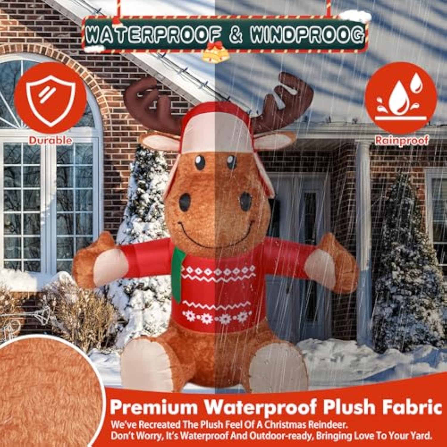 6 Ft Christmas Inflatable Outdoor Decorations, Inflatables Plush Reindeer Yard Decor With Christmas Hat & Sweater, Built