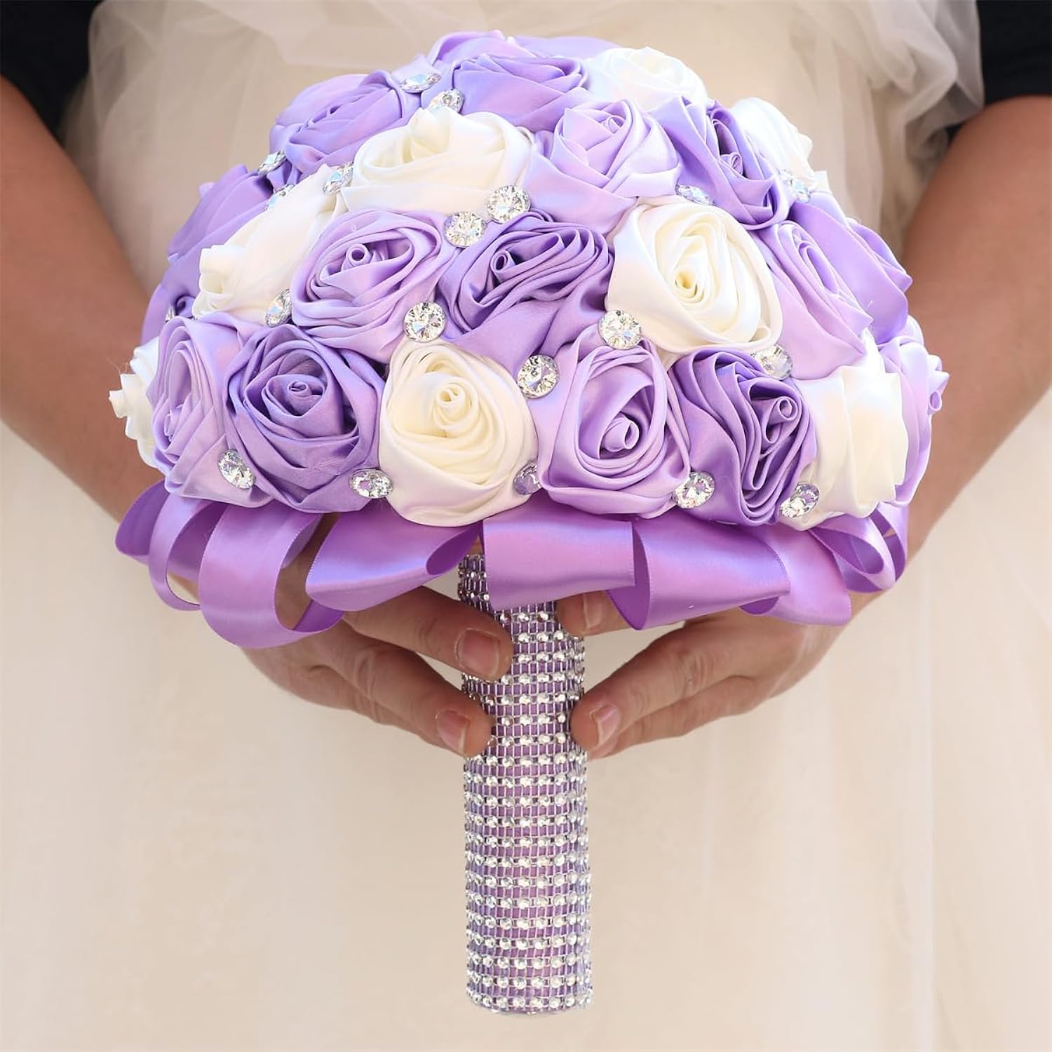 6.3" Lavender, Lilac & Ivory Bridal Wedding Bouquet Round Holding Bouquet Throw Toss Artificial Rose Flower Bunch For Bride Bridesmaid Wedding Quinceanera