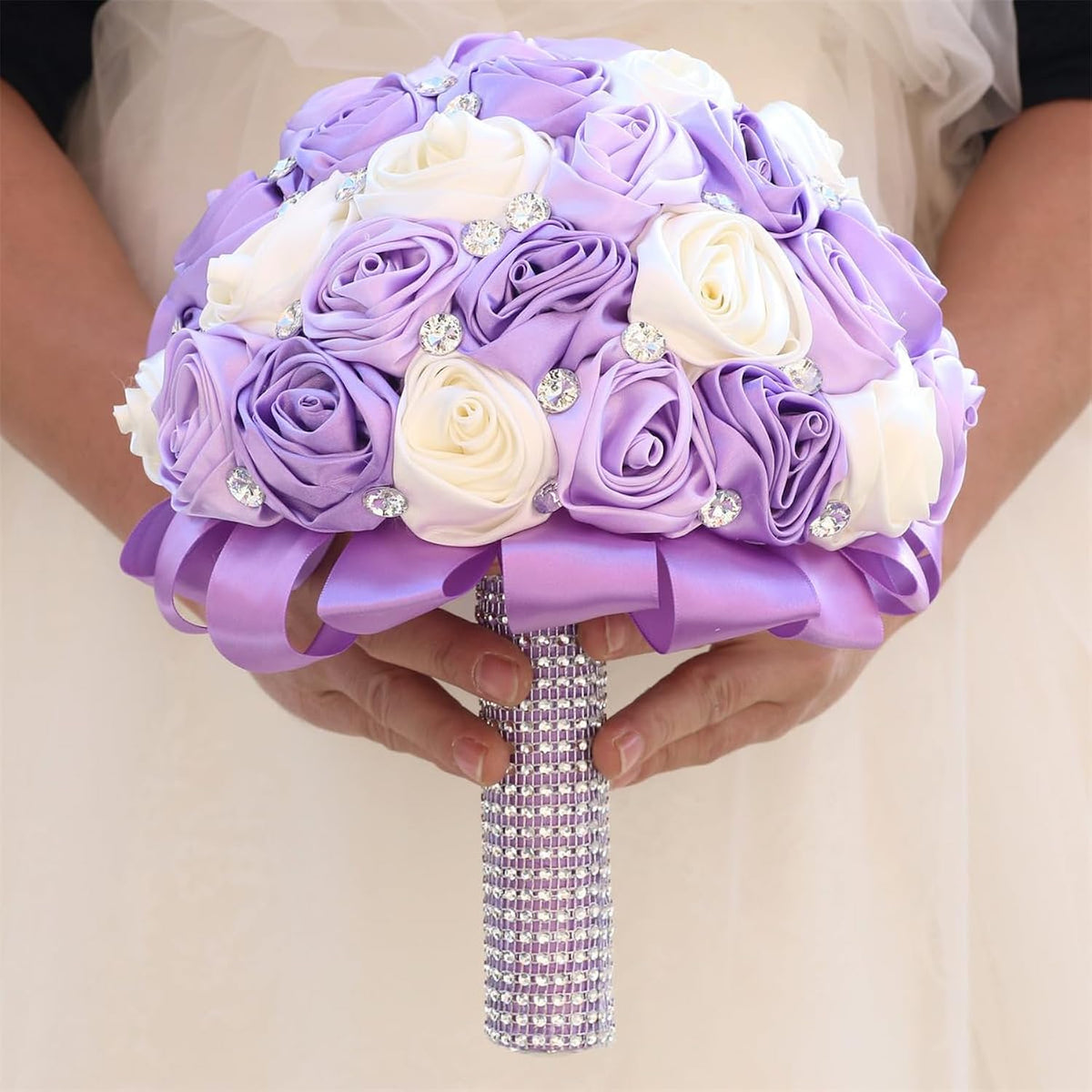 6.3" Lavender, Lilac & Ivory Bridal Wedding Bouquet Round Holding Bouquet Throw Toss Artificial Rose Flower Bunch For Bride Bridesmaid Wedding Quinceanera