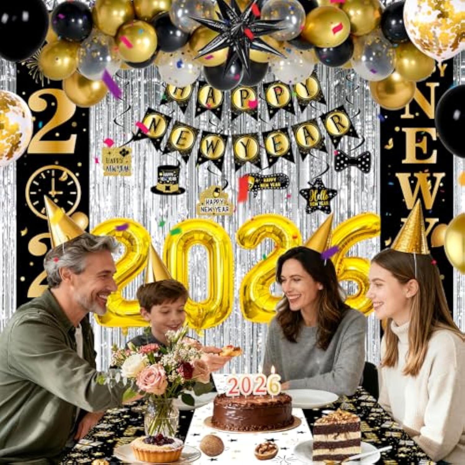 Happy New Year 2026 Party Supplies Banner Backdrop Tablecloth Foil Balloons