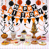 Black Orange Happy Birthday Banner Triangle Flag Bunting with Confetti Dots and Streamers