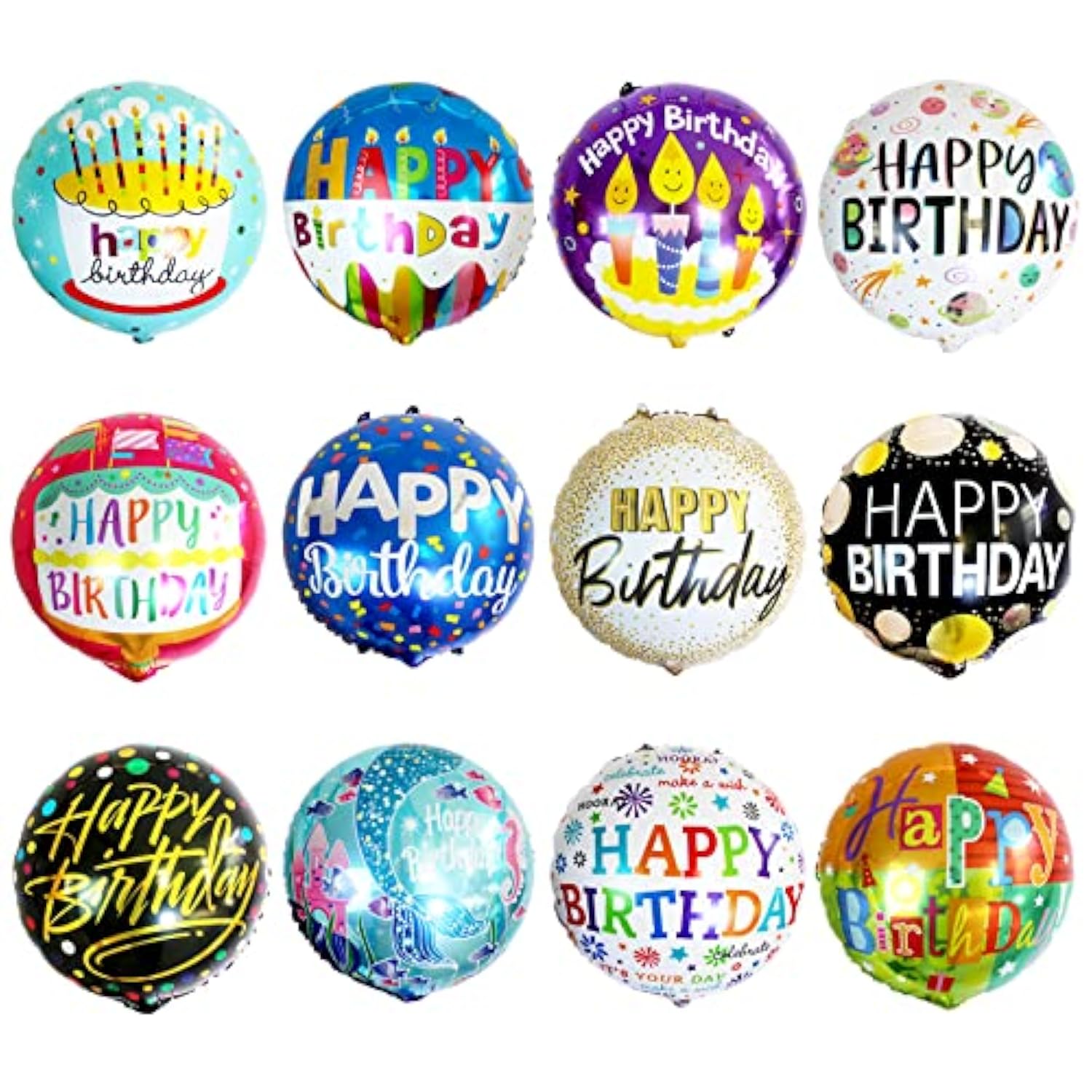 24 Pcs Happy Birthday Foil Balloons 18 Inch Round Helium Floating Mylar Balloon Inflatable Balloons For Birthday Party Decorations Supplies,12 Patterns