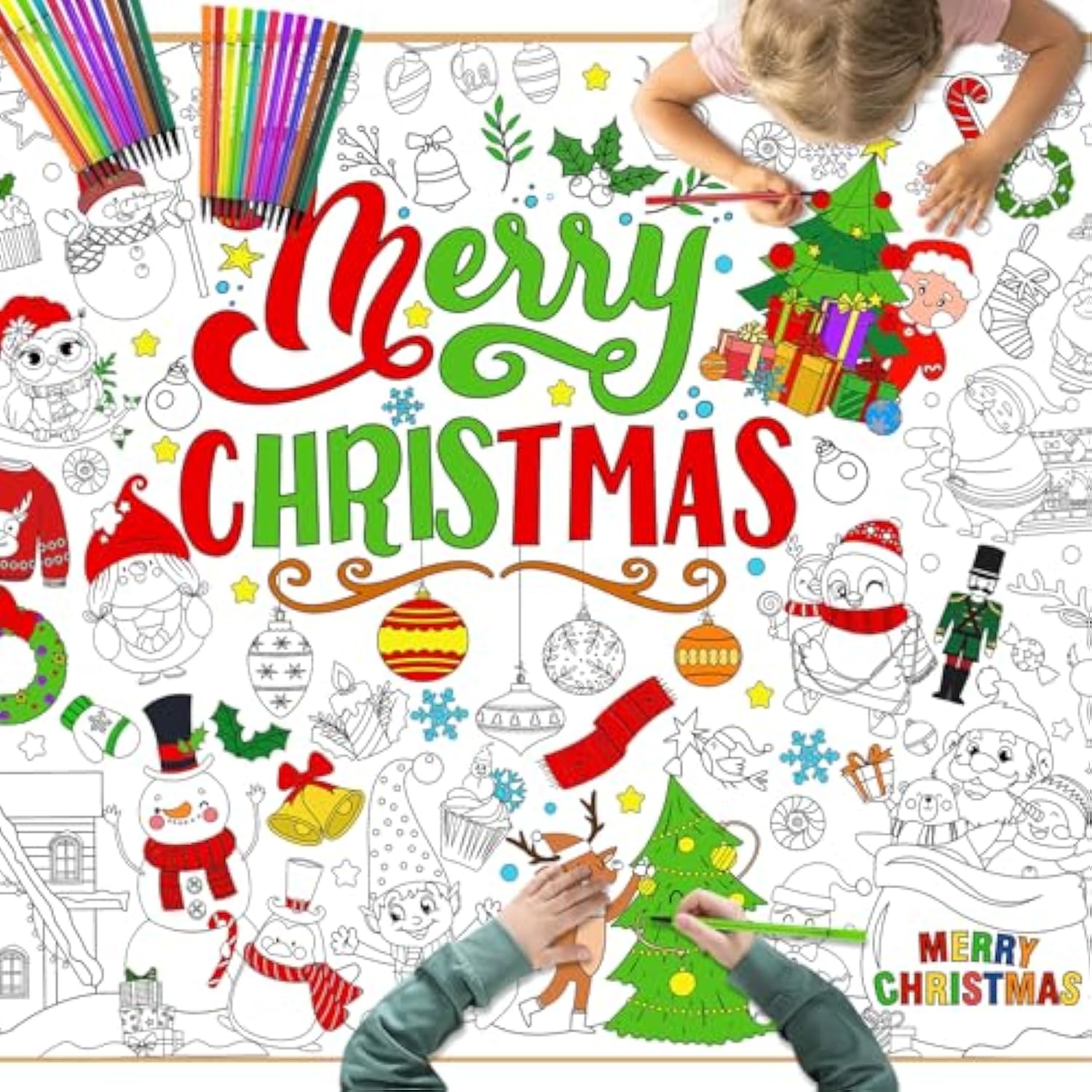 Merry Christmas Coloring Poster With 24 Pcs Paint Pens,Xmas Holiday Jumbo Paper Coloring Banner,Christmas Paper Coloring Tablecloth Christmas Party Favors Kids Holiday Activities