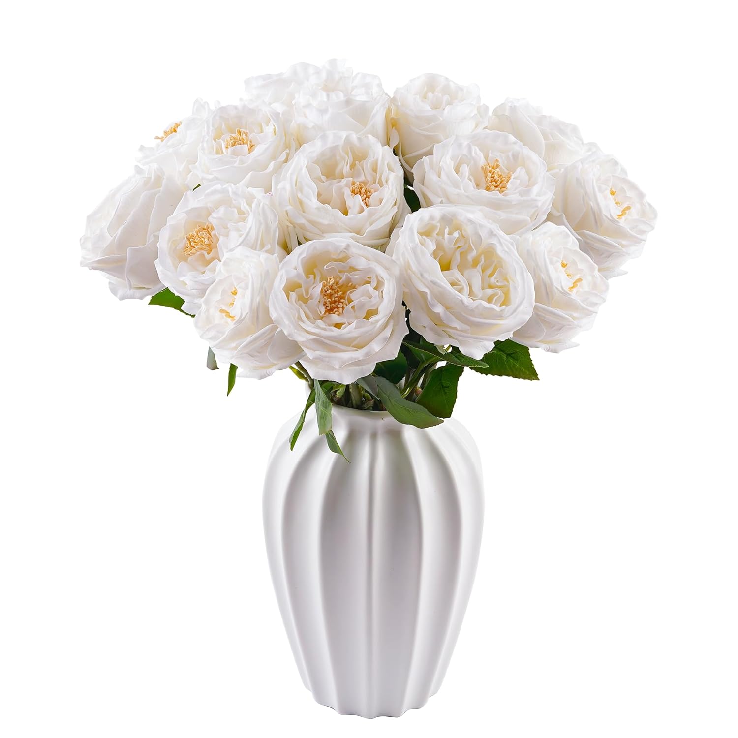 3.5'' Larger Bloom White Roses Artificial Flowers,6 Pcs Latex Fake Austin Rose Real Touch Flowers For Bridal Bouquet Home Wedding Table Centerpieces Birthday Decor