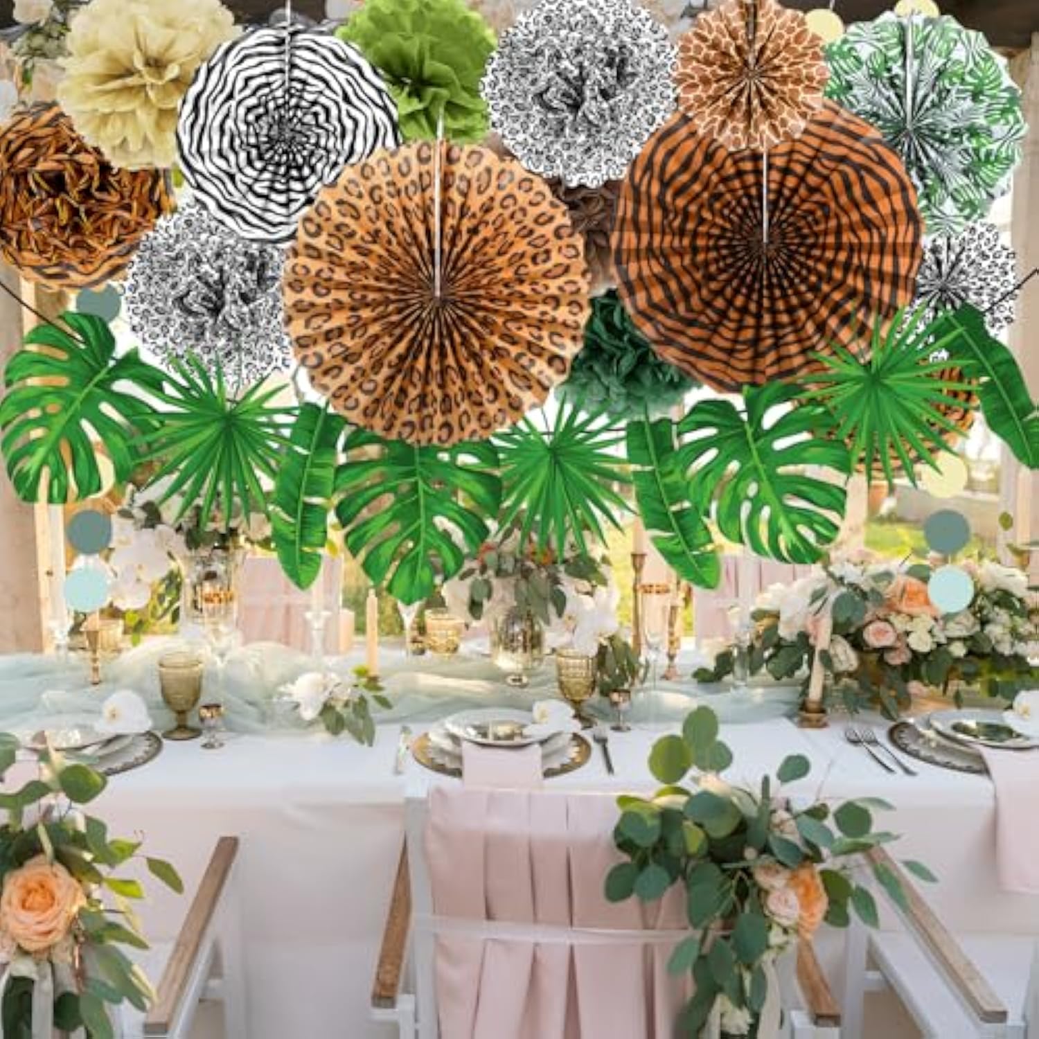 16 Pcs Jungle Safari Party Decorations Safari Theme Hanging Paper Fans Birthday Decor Tropical Palm Leaves Dots Banner Jungle Wild Animal Leopard Print Pompoms Baby Shower Party Supplies