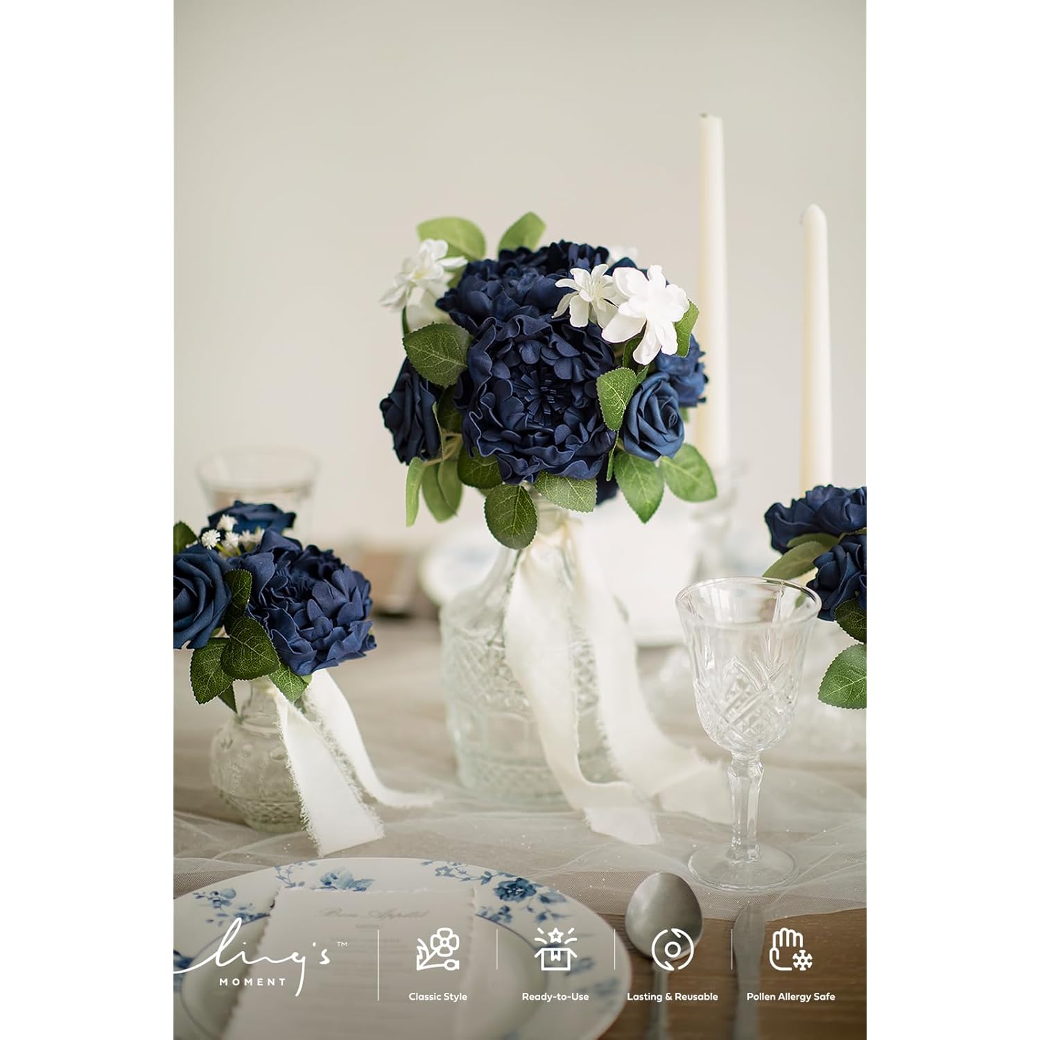 Flowers 16Pcs Navy Blue Blooming Peonies Artificial Flowers With Stem, Artificial Peony Flowers For Diy Wedding Decorations Centerpieces Bouquets Boutonnieres
