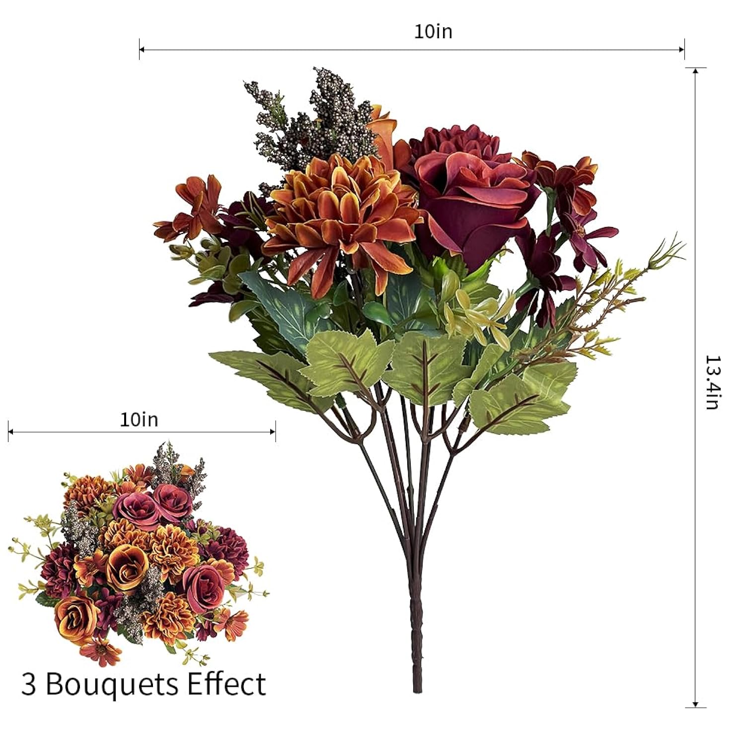 Artificial Fake Mums Flowers For Outdoors Decoration - 13 Inches 3 Bouquet Faux Fall Chrysanthemum Rose Daisy Silk Flower Uv Resistant For Indoor Vase Party Table Decor