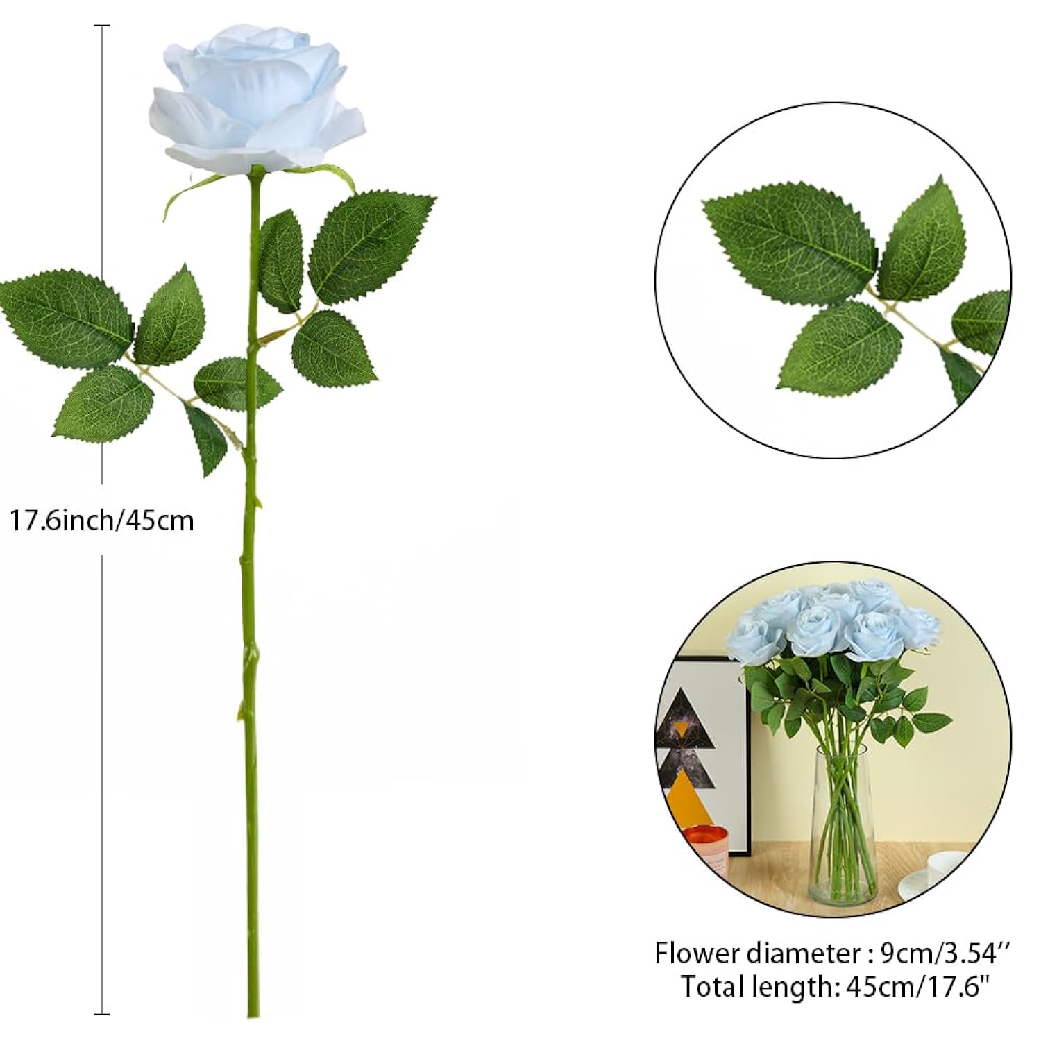 12Pcs Roses Artificial Flowers Fake Roses Baby Blue Silk Roses White Silk Flowers Rose With Long Stems For Wedding Home Party Centerpieces Decorations