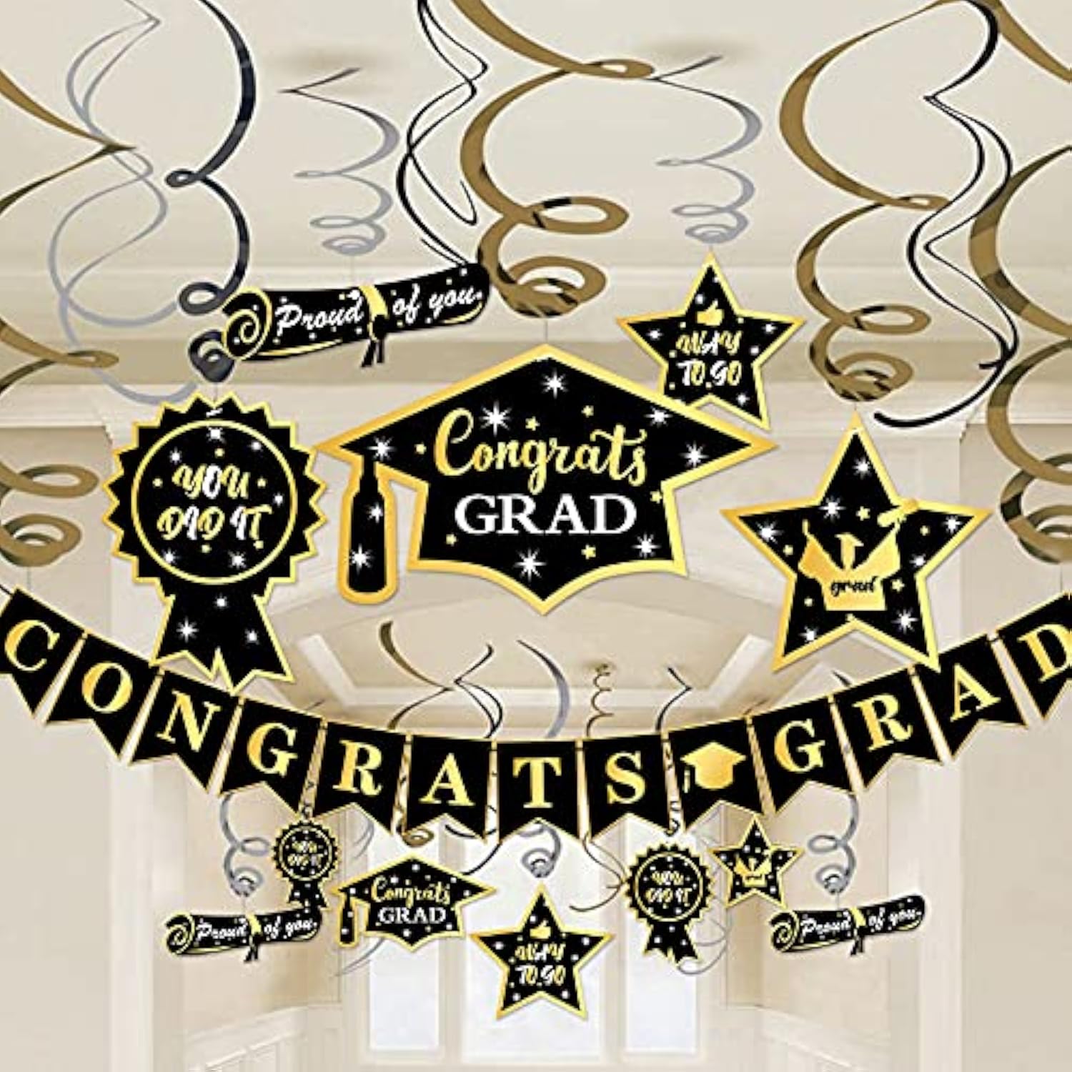 Graduation Hanging Swirl Banner Decorations Black Gold Star Banner Garland Party Supplies