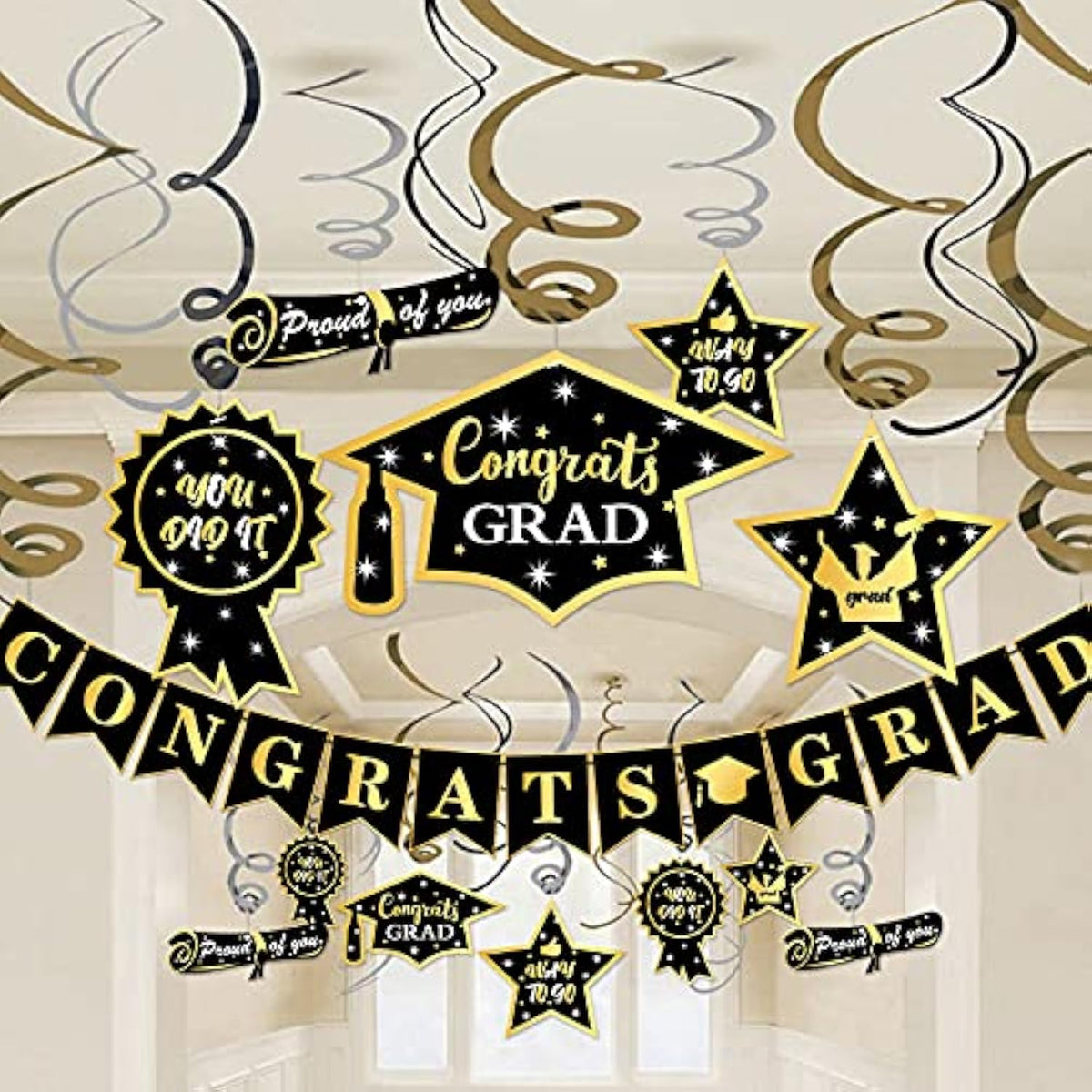 Graduation Hanging Swirl Banner Decorations Black Gold Star Banner Garland Party Supplies
