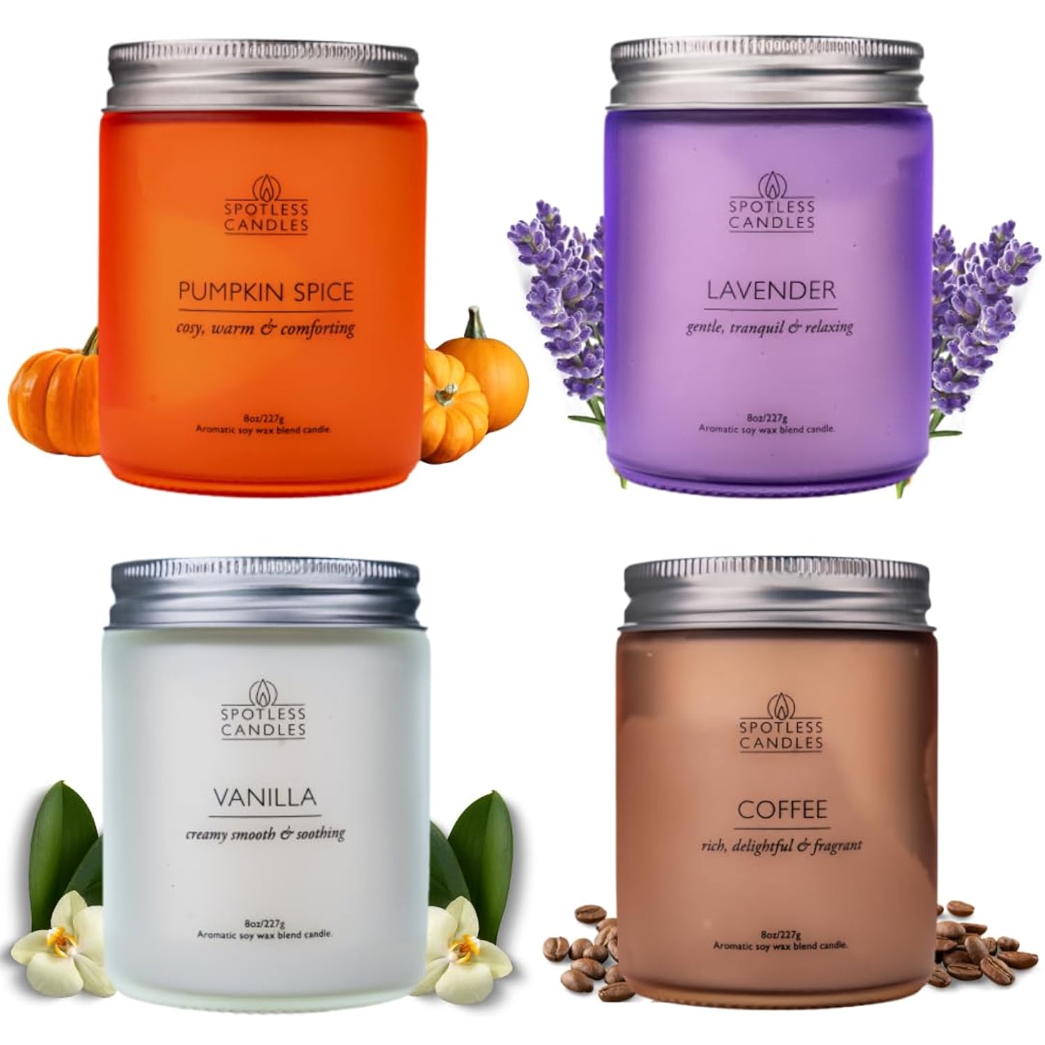 Candles For Women - 4 X 8Oz Coloured Glass Jars 3" X4 Mixed Set Of Classic Scents Pumpkin Spice, Coffee, Vanilla, Lavender 200 Hours Long Burn Time