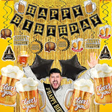 Black And Gold Party Decorations For Men And Women: Happy Birthday Banner, Fringe Curtains, "Cheers To You" Foil Balloons, Hanging Swirls, Photo Props, Birthday Sash