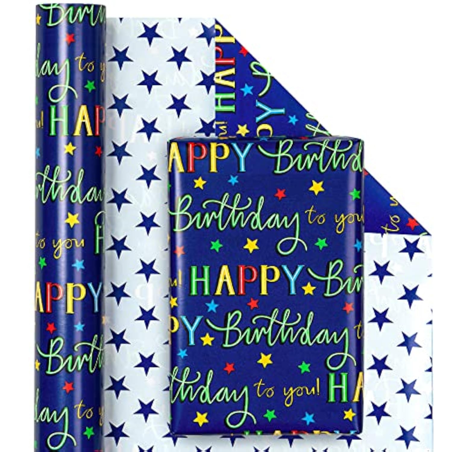 Reversible Birthday Wrapping Paper - Mini Roll - 17 Inch X 33 Feet - Blue Star Happy Birthday Wrapping Paper For Men, Adult, Boy, Baby Shower, Holiday