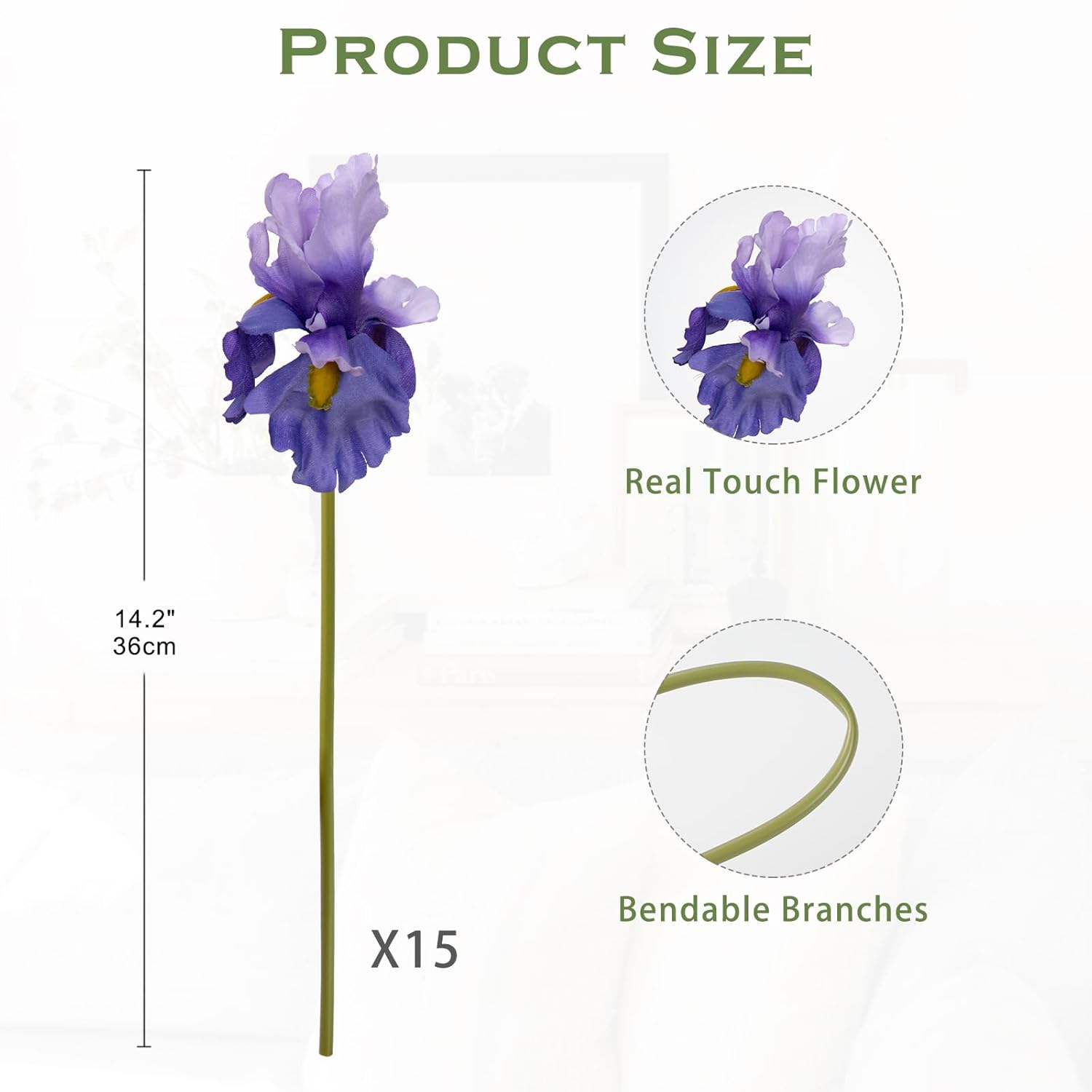 Iris Artificial Flowers 15Pcs Faux Iris Light Purple Flowers 14.2" Real Touch Fake Flowers Picks Bouquets For Wedding Bridal Home Arrangements Office Table Centerpieces Decor