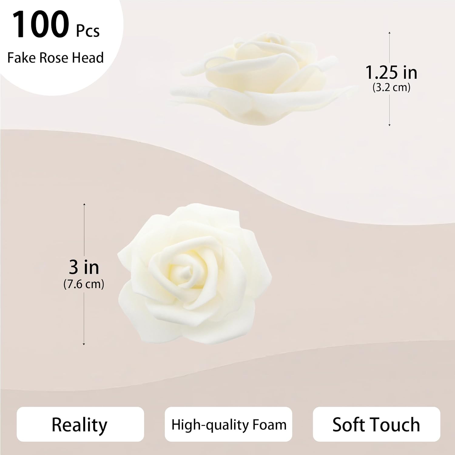 100 Pcs 3 Inch Artificial Flowers Bulk 5 In 1 Set Faux Foam Fake Rose Head Wedding Decoration Bridal Shower Centerpiece Arrangement Wall Table Decor Diy Craft (Cream)