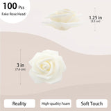 100 Pcs 3 Inch Artificial Flowers Bulk 5 In 1 Set Faux Foam Fake Rose Head Wedding Decoration Bridal Shower Centerpiece Arrangement Wall Table Decor Diy Craft (Cream)