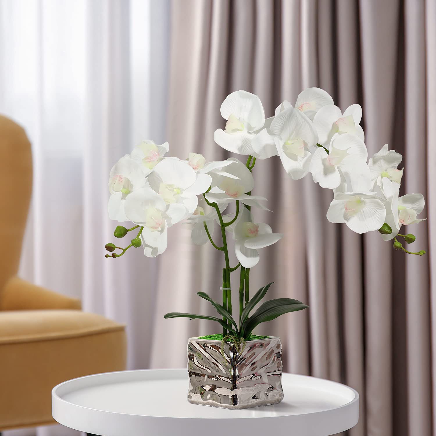 Orchid With Silver Vase Artificial Flowers White Fake Orchid Plant Phalaenopsis Orchid Artificial Arrangements Flower Bonsai With Silver Ceramic Pot For Party Home Decor Table Centerpieces