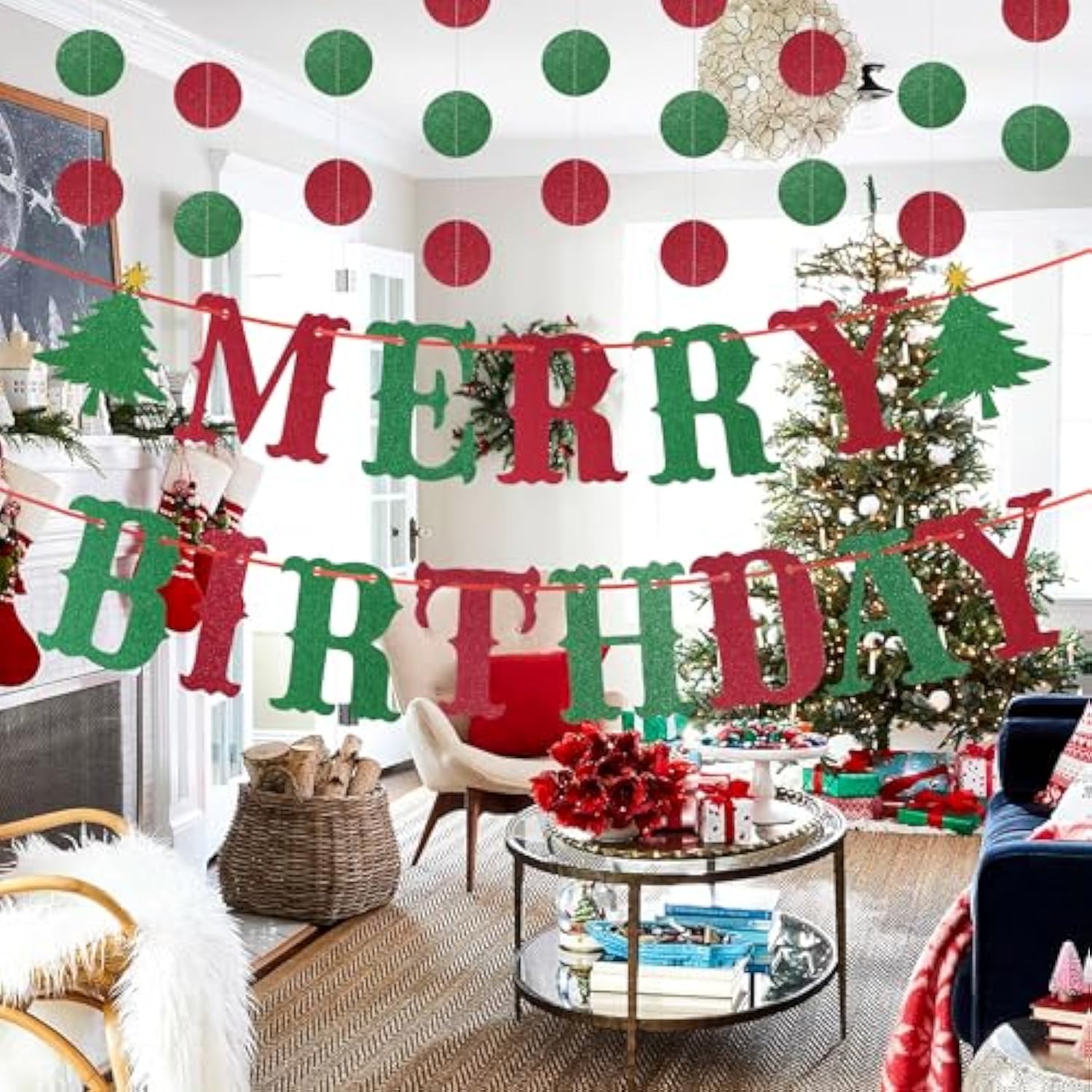 Merry Birthday Banner - Red, Green Glitter, Christmas & Birthday Party Decorations