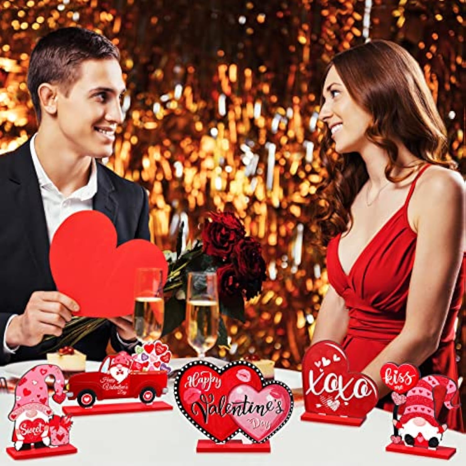 5 Pieces Valentine'S Day Wooden Table Sign Decoration Freestanding Table Centerpiece Sign Romantic Truck Heart Shape Home Decor Tiered Tray Gnome Valentines Day Accessories(Red)