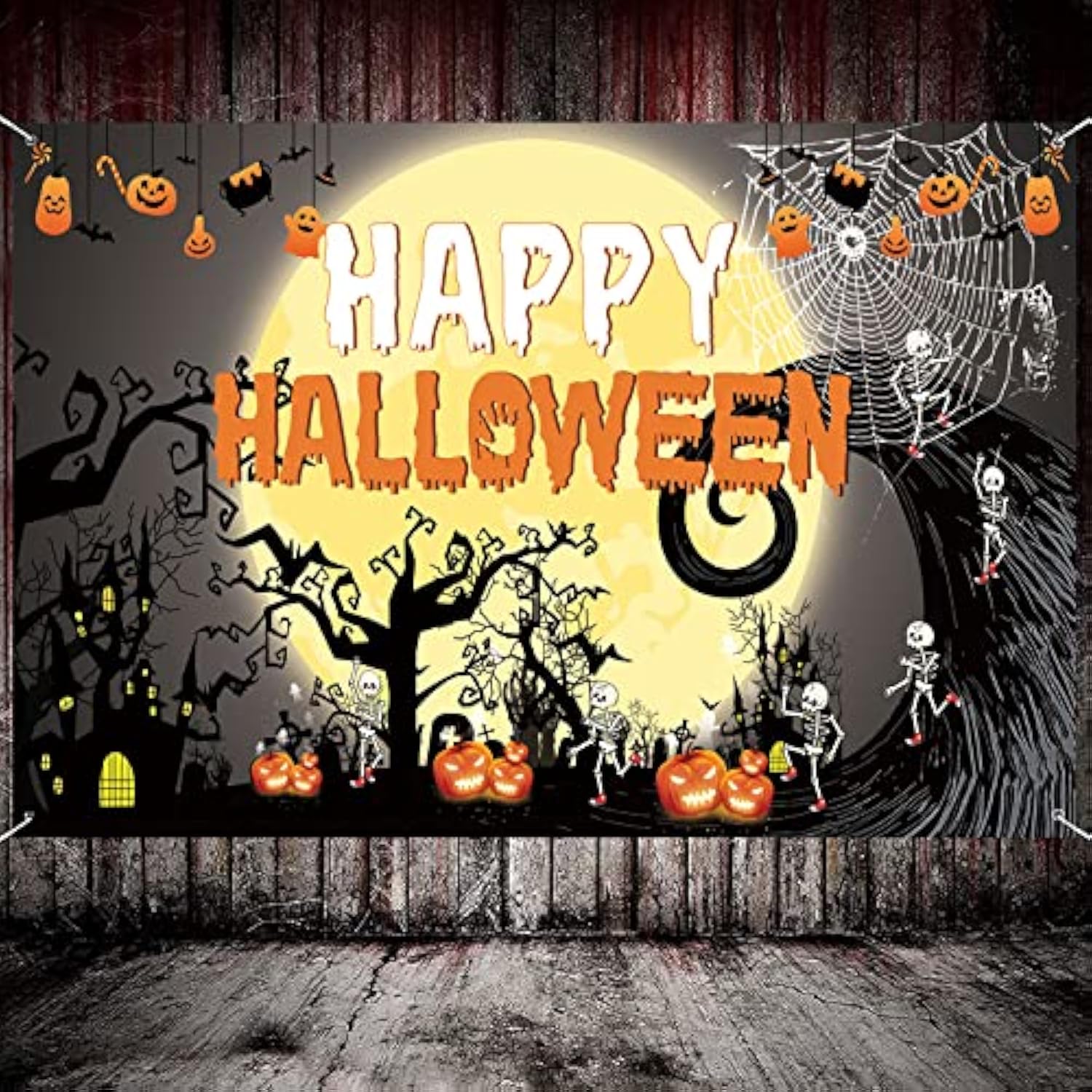 Happy Halloween Fabric Banner Poster Backdrop Pumpkin Ghouls Bat Spider Moon Decor
