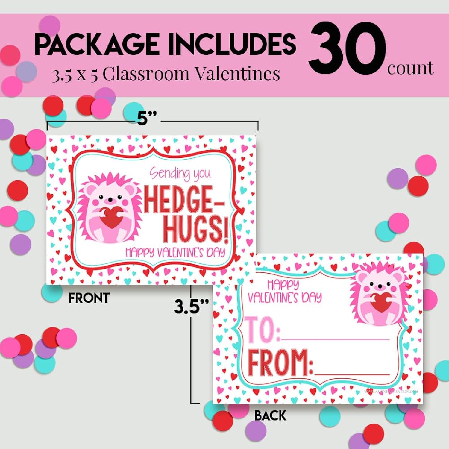 Valentine Hedge-Hugs Hedgehog Themed Valentine'S Day Cards For Kids To Give To Friends & Classmates, Thirty (30) 3.5" X 5" Fill-In Cards (Without Envelopes)