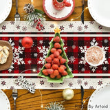 Buffalo Plaid Snowflakes Christmas Table Runner, Seasonal Winter Kitchen Dining Table Decoration For Home Party Decor 13X72 Inch