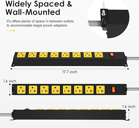Heavy Duty 20A Surge Protector Power Strip 8 Outlets 1200J 12AWG 6FT Metal Yellow