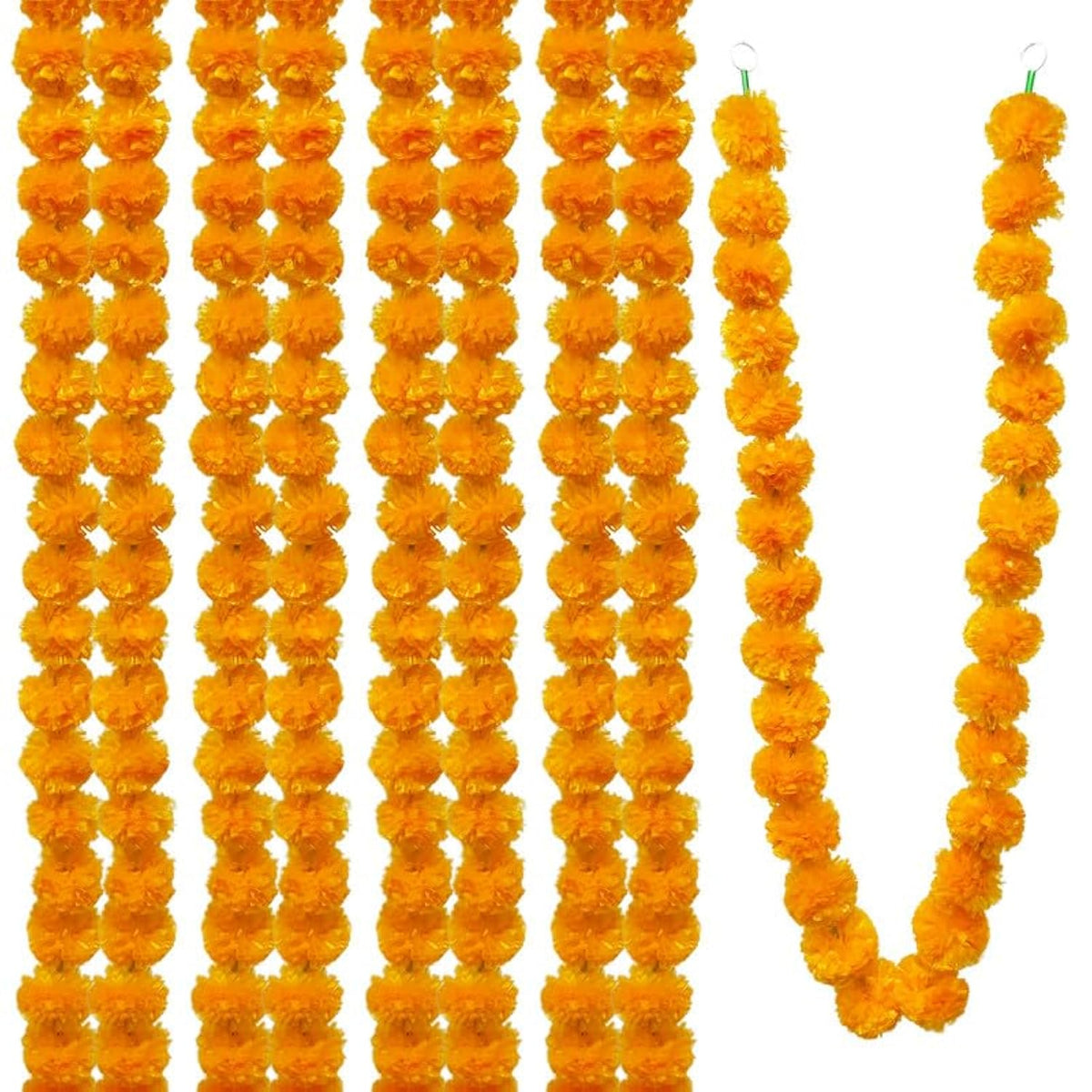 Artificial Marigold Garland, Golden Yellow 5 Feet Long Faux Flowers For Dia De Los Muertos Decorations, Pooja, Diwali, Indian Decor (4 Pieces,Orange)