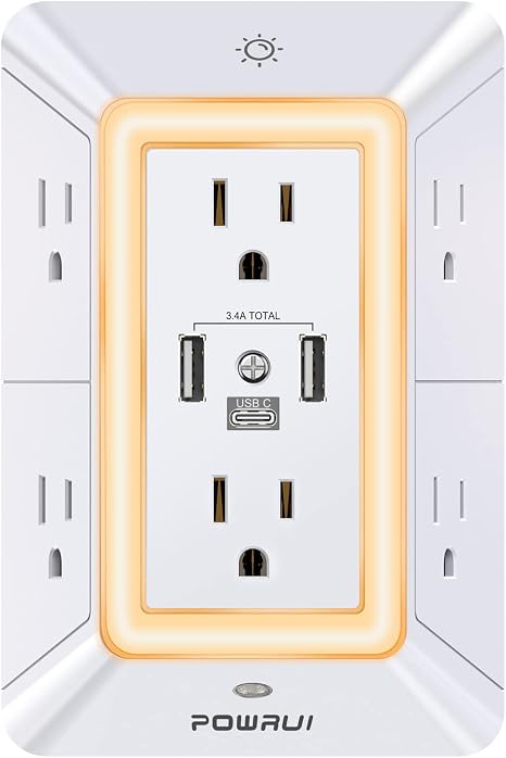 Wall Outlet Extender with Night Light 5 Outlets 4 USB Ports 1680J Surge Protector Multi Plug Adapter