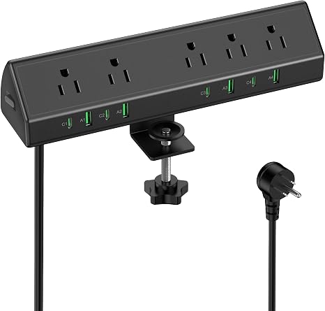 Desk Clamp Power Strip 5 Outlets 8 USB Ports 4 USB C 45W Fast Charging 6FT Surge Protector