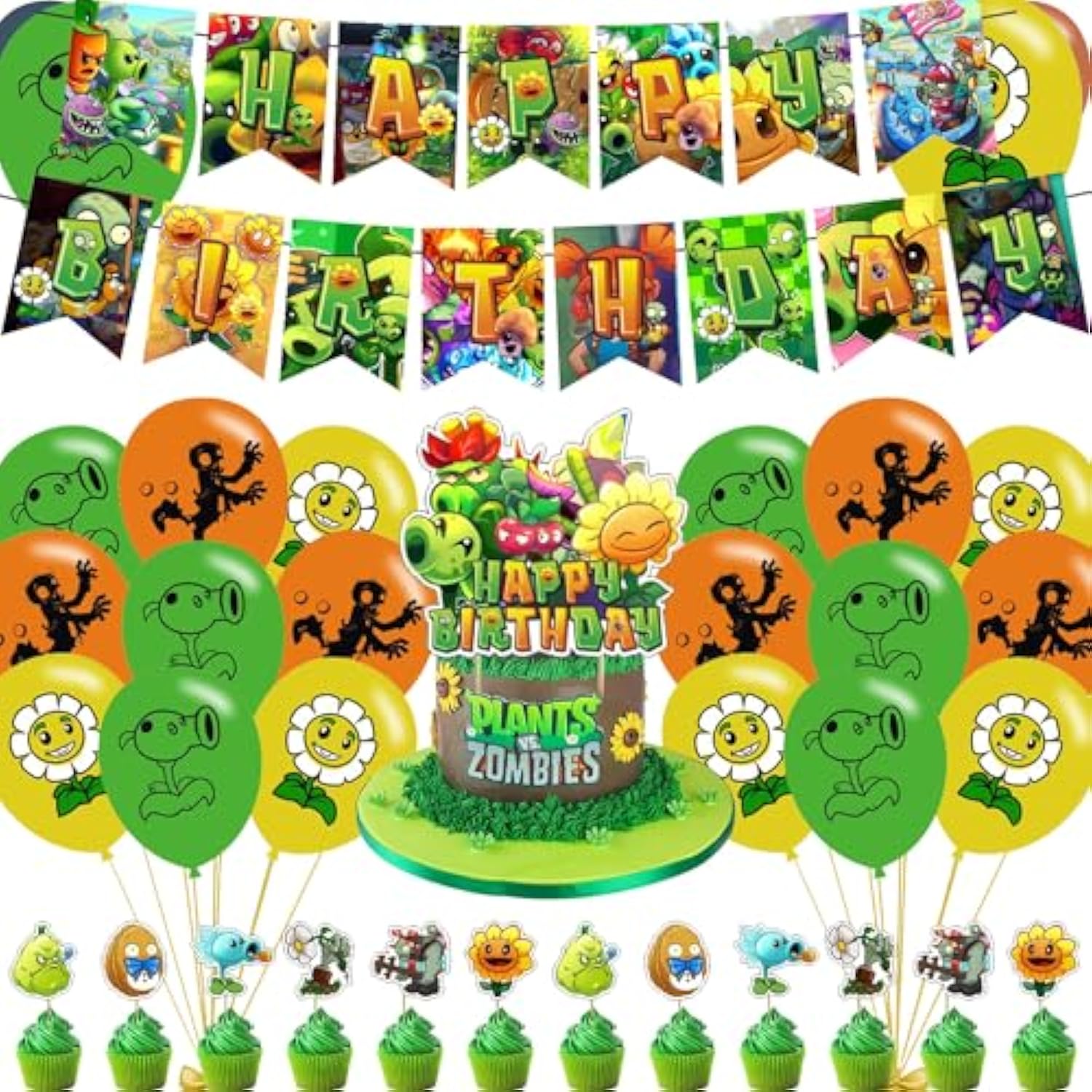 Plants Game Party Decorations,Players Pvz Birthday Party Supplies Includes Banner - Cake Topper - 24 Cupcake Toppers - 18 Balloons