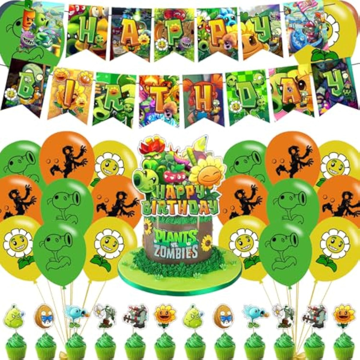 Plants Game Party Decorations,Players Pvz Birthday Party Supplies Includes Banner - Cake Topper - 24 Cupcake Toppers - 18 Balloons