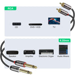 1/4 To Rca Cable, Gold Plated Copper Shell Heavy Duty 2X6.35Mm Ts To Dual Rca Stereo Audio Interconnect Cord For Av Receivers, Speakers, Home Audio Systems, Amplifiers, 3 Feet