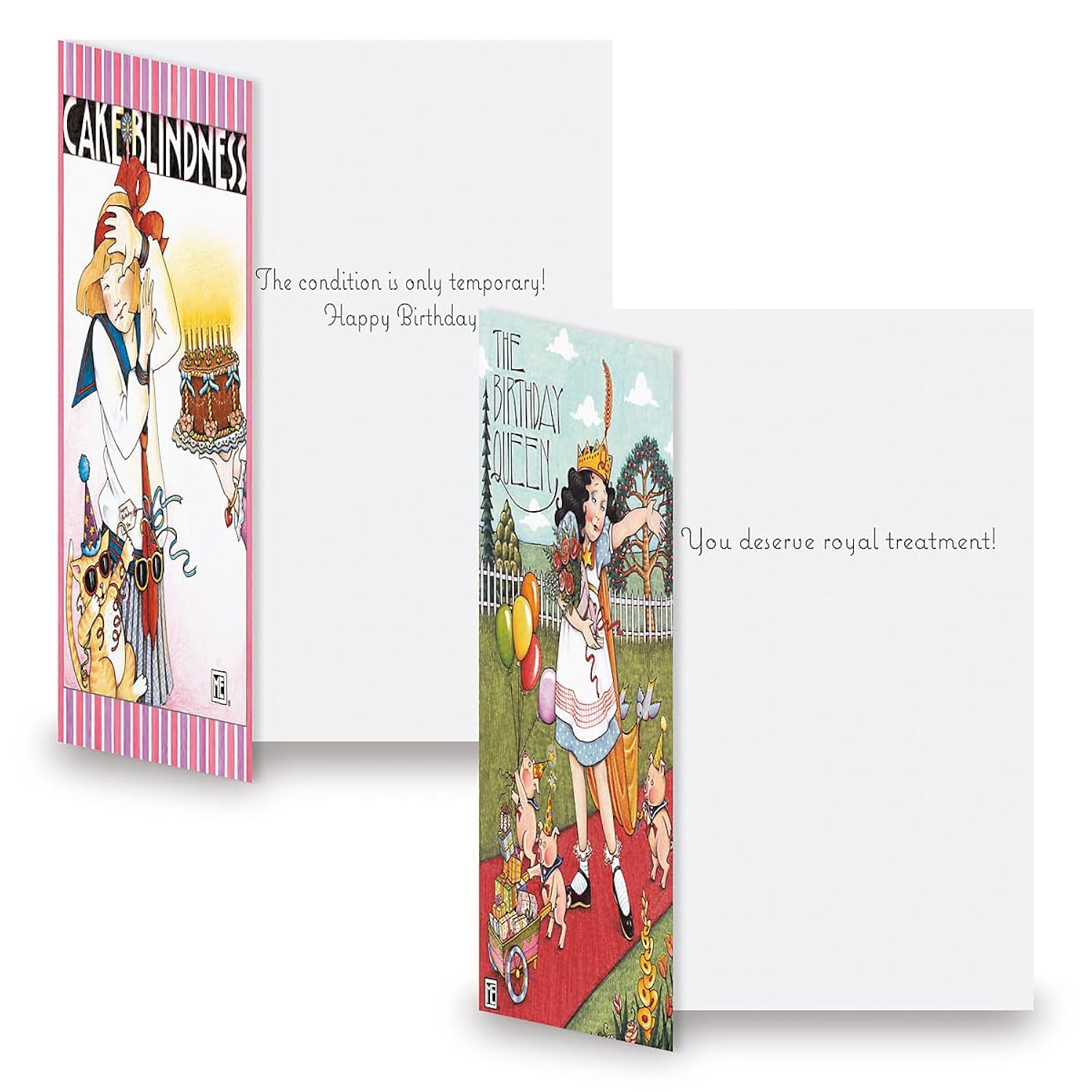Current Birthday Cards by Mary Engelbreit - Sets of 8 (2 designs), 5" x 7" cards, and come with white envelopes.