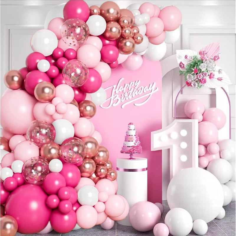 Hot Pink Balloons Garland Kit, Macaron Pink Matte White Rose Gold Conf