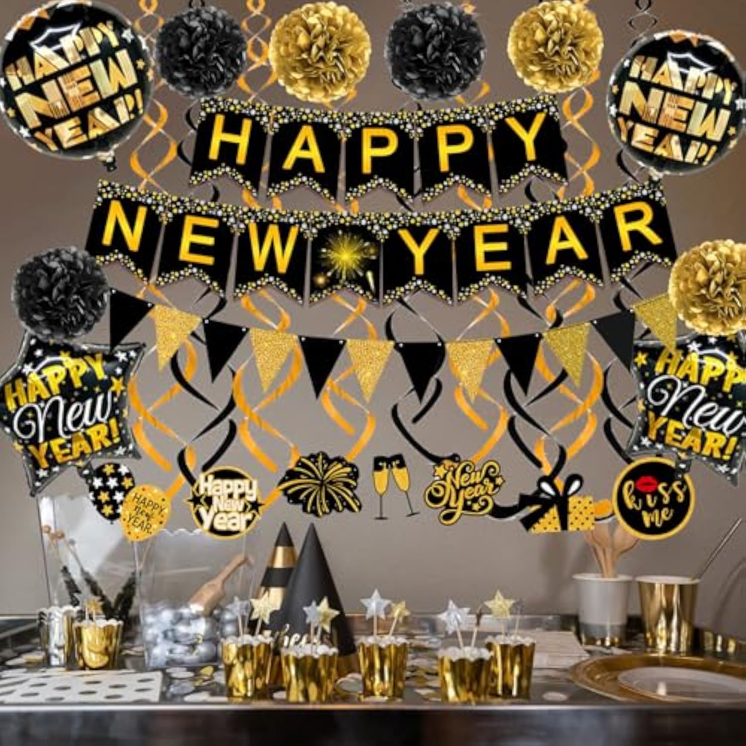 Happy New Year Paper Banner with Flags Pom Poms Streamers and Balloons