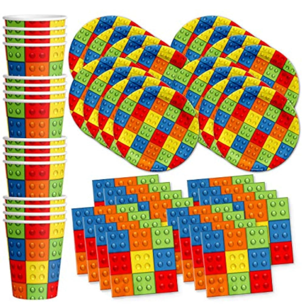 Building Blocks Birthday Party Supplies Set Plates Napkins Cups Tableware Kit For 16
