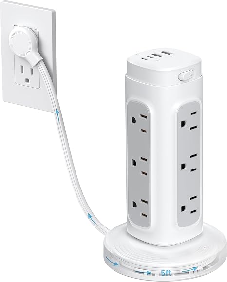Retractable Power Strip Tower 12 AC Outlets 4 USB Ports PD 20W Flat Plug Surge Protector 5ft Cord White