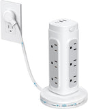 Retractable Power Strip Tower 12 AC Outlets 4 USB Ports PD 20W Flat Plug Surge Protector 5ft Cord White