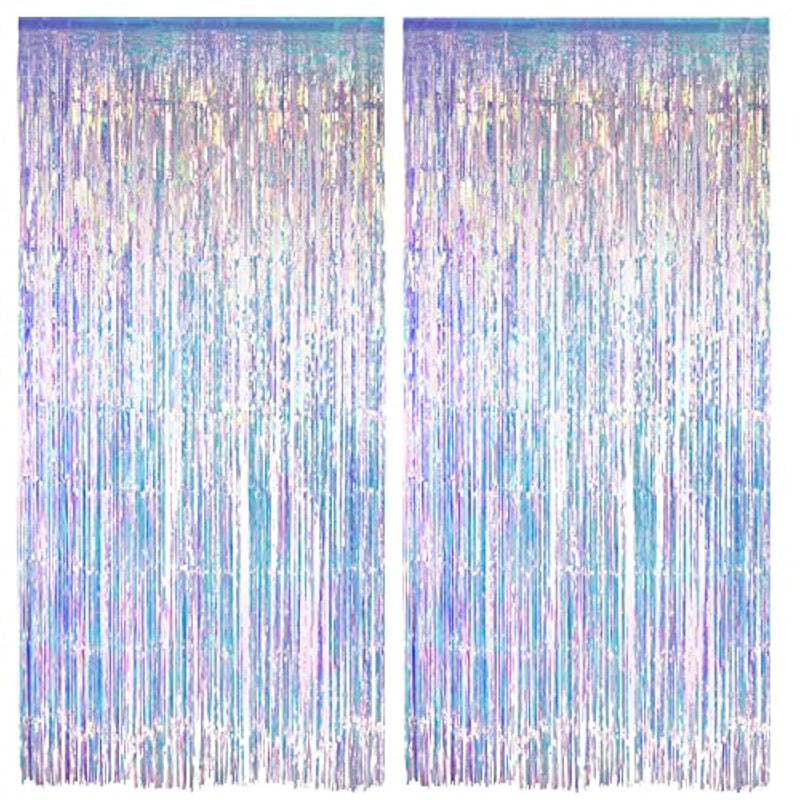 Iridescent Party Streamers Backdrop Neon Transparent Holographic Tinsel Foil Fringe Curtain For Mermaid/Frozen/Sea/Euphoria/Eras Party Theme Decorations 2 Pcs