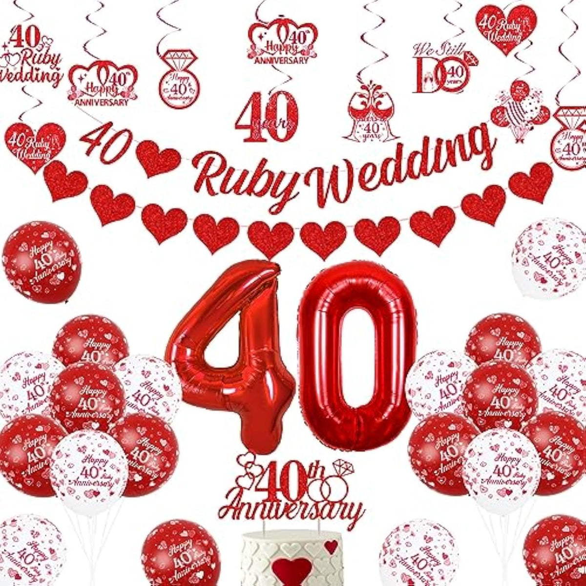 40Th Ruby Wedding Anniversary Decorations, We Still Do 40 Years Cheers To 40 Years Anniversary Celebration Party Supplies - Balloon Cake Topper Hanging Swirls Love Garland Banner
