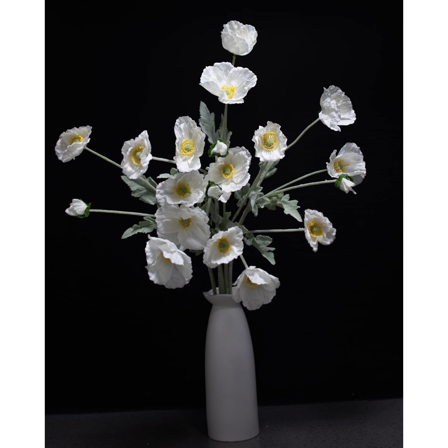 Elegant White Poppies, 5-Stem Artificial Flowers In Vase - Realistic Faux Decor For Home & Wedding, Thoughtful Gift For Holiday & Memorial Day
