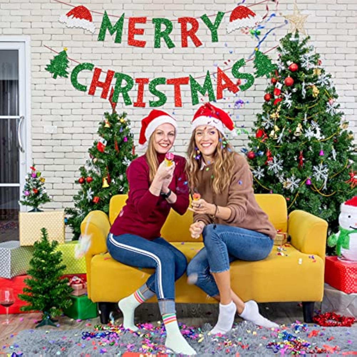 Merry Christmas Banner, Glittery Christmas Decorations Banners Winter Holiday Garland Photo Props Banner For Party Home Decorations